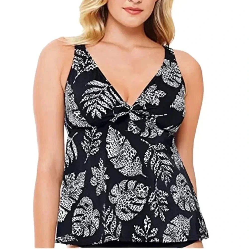 Swim Solutions Spotted Leaves Underwire Tankini Swim Top Size 10